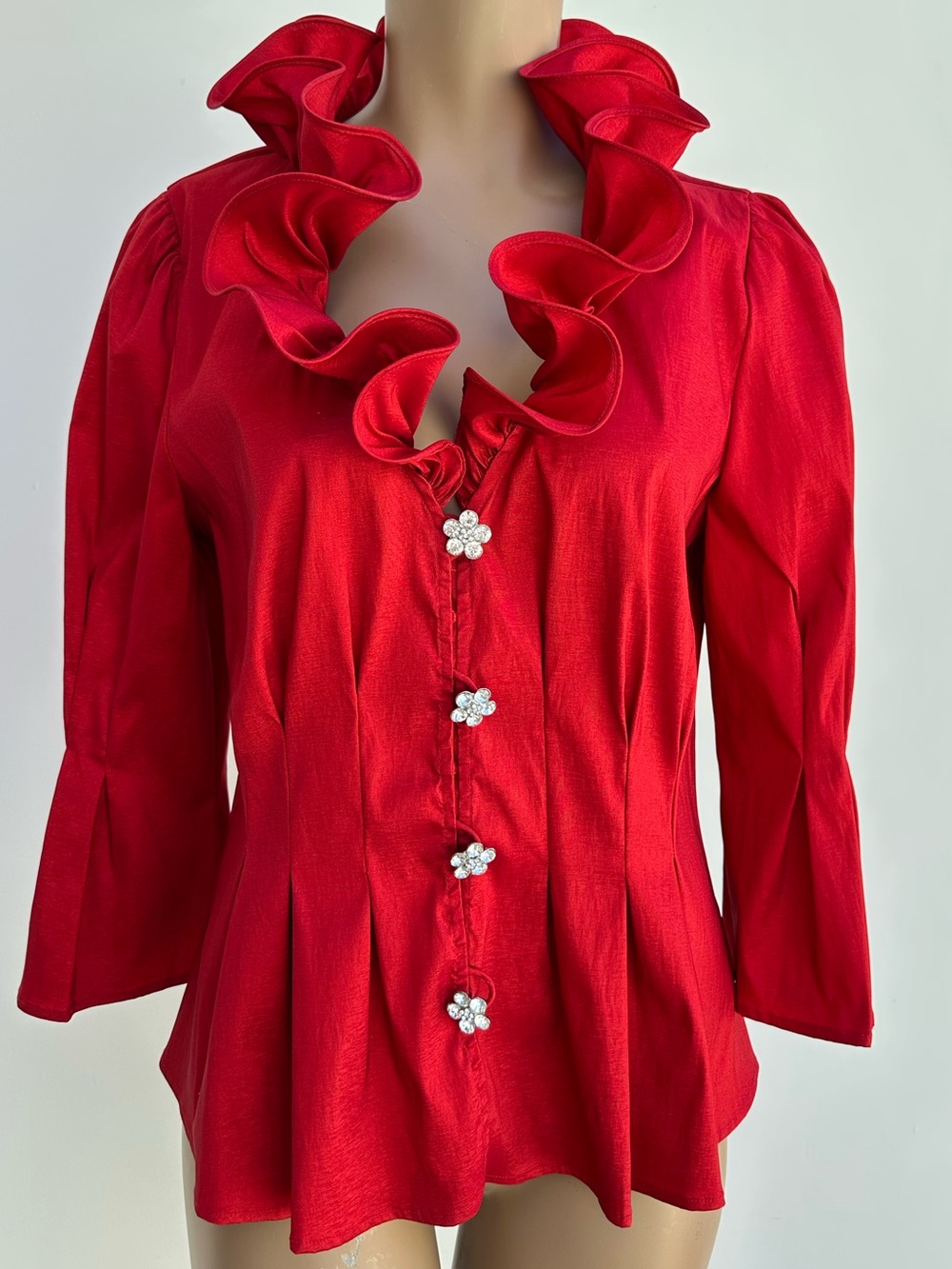 Chetta B Red Ruffled Floral-Crystal Button Blouse